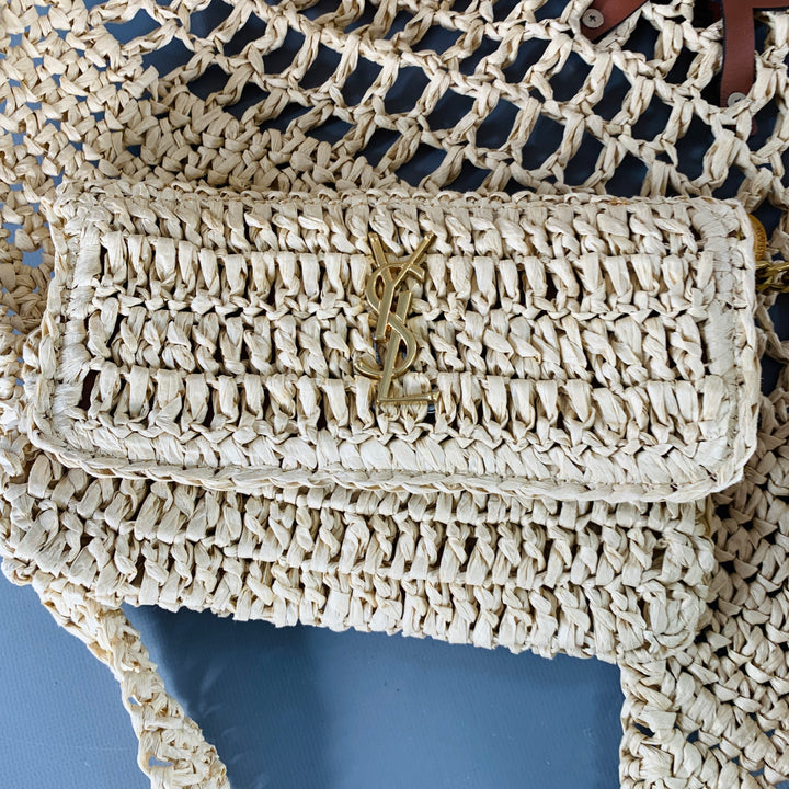 YVES SAINT LAURENT Icare Maxi Gold Natural Crochet Raffia Logo Tote Handbag