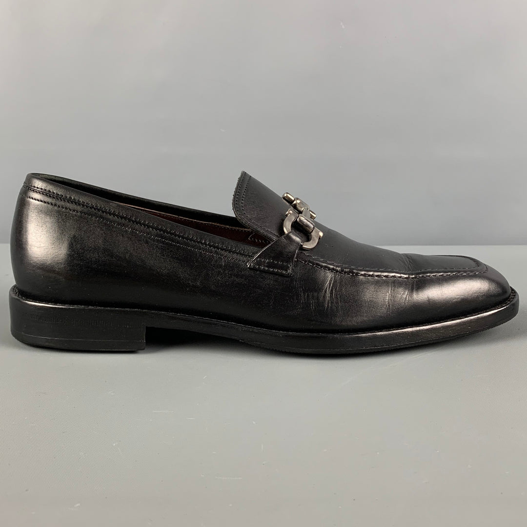 SALVATORE FERRAGAMO Size 7.5 Black Silver Leather Horsebit Loafers