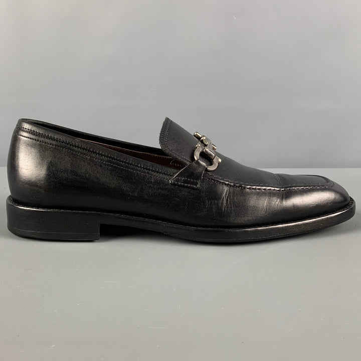 SALVATORE FERRAGAMO Size 7.5 Black Silver Leather Horsebit Loafers