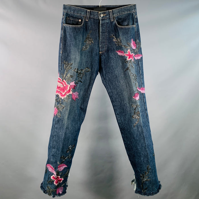 GUCCI by TOM FORD FW1999 Size 32 Indigo Purple Silver Floral Embroidery Denim Button Fly Jeans