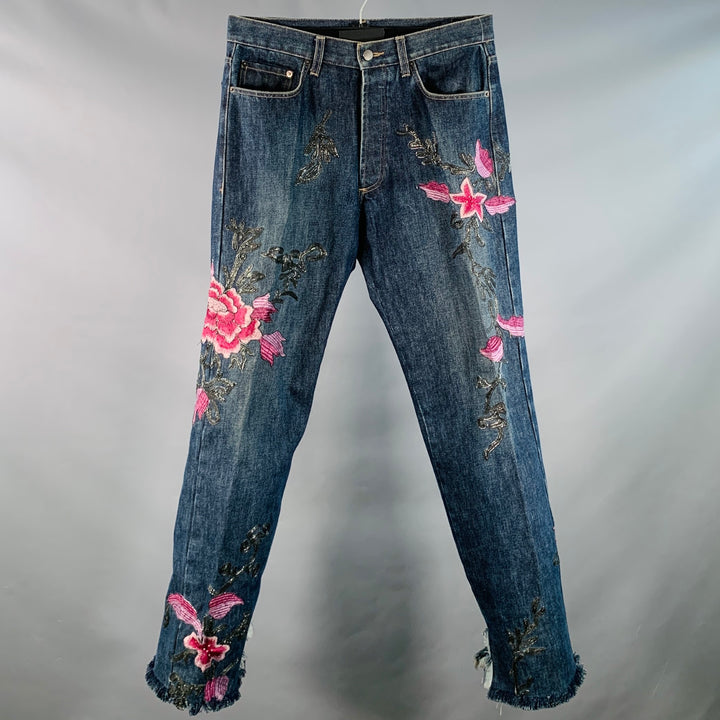 GUCCI by TOM FORD FW1999 Size 32 Indigo Purple Silver Floral Embroidery Denim Button Fly Jeans