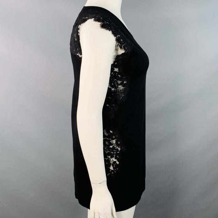 CHLOE Size L Black Wool Lace Trim Sleeveless Crew Neck Casual Top