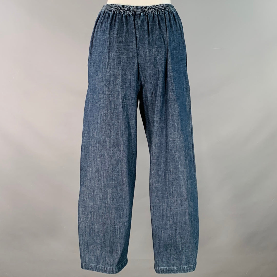 ESKANDAR Size S/M Navy Indigo Cotton High Waisted Tapered Elastic Waistband Casual Pants