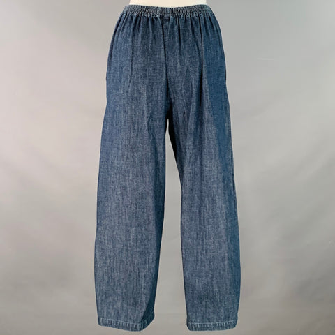 ESKANDAR Size S/M Navy Indigo Cotton High Waisted Tapered Elastic Waistband Casual Pants