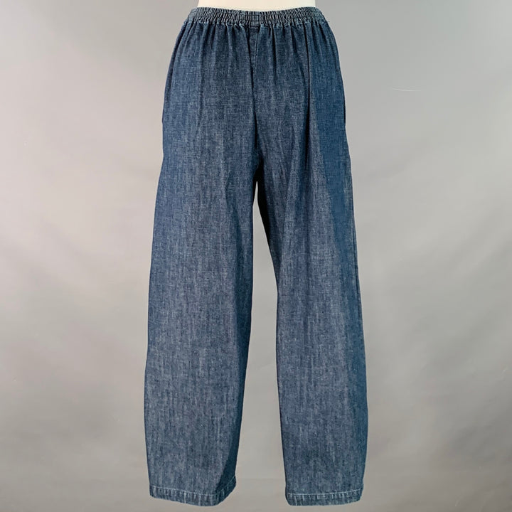 ESKANDAR Size S/M Navy Indigo Cotton High Waisted Tapered Elastic Waistband Casual Pants