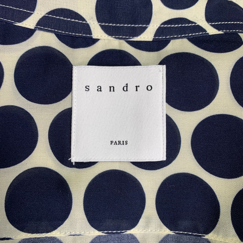 SANDRO Size M Navy Off White Polka Dot Lyocell Blend Short Sleeve Shirt