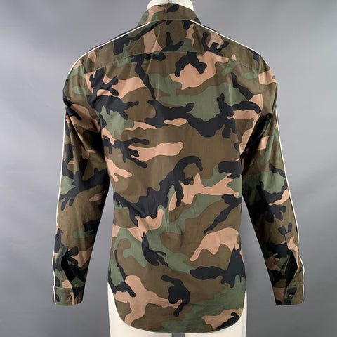 VALENTINO Size M Green Olive Blue Camouflage Cotton One Pocket Track Stripe Long Sleeve Shirt