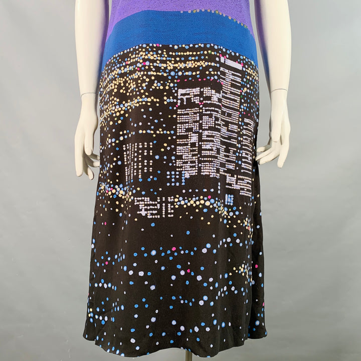 AKRIS Size 10 Black Multi Color Viscose Blend Abstract Cityscape Sleeveless Dress