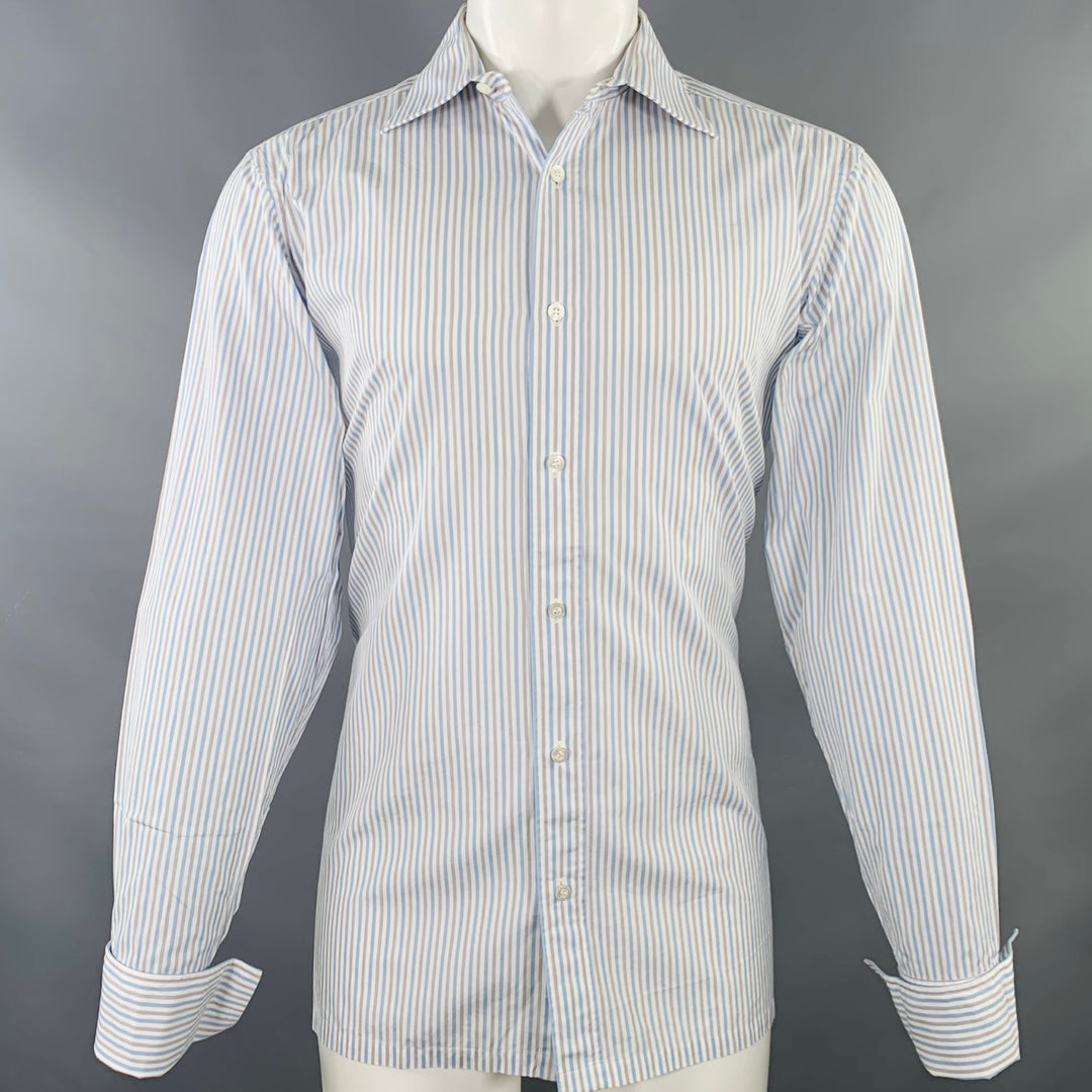 CHARVET Size M White Blue Grey Stripe Cotton Curved Cutaway Long Sleeve Shirt