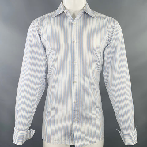 CHARVET Size M White Blue Grey Stripe Cotton Curved Cutaway Long Sleeve Shirt