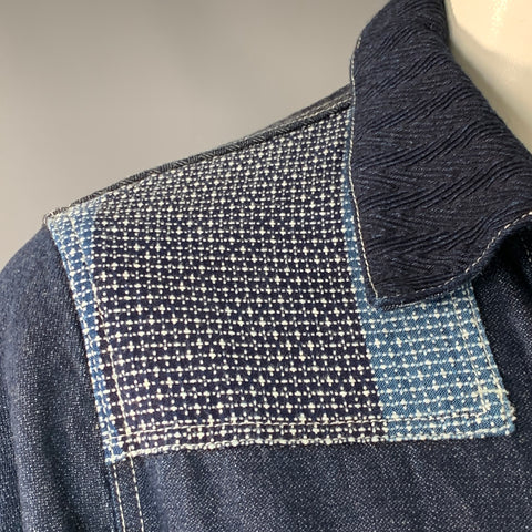 FDMTL Size L Indigo White Sashiko Patchwork Cotton Chore Jacket
