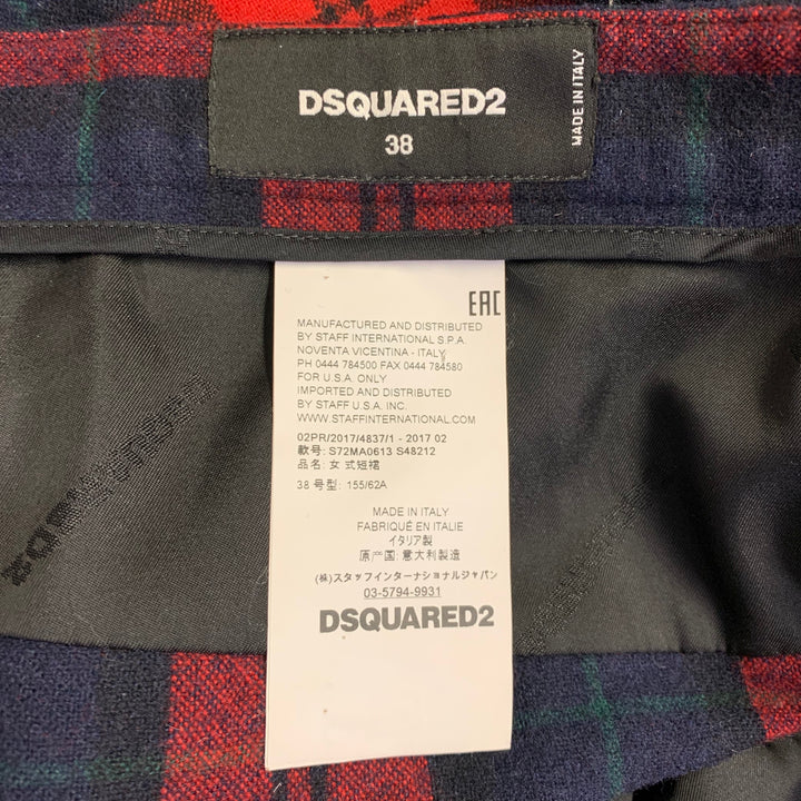 DSQUARED2 Size S Red Navy Black Wool Blend Plaid Asymmetrical Skirt