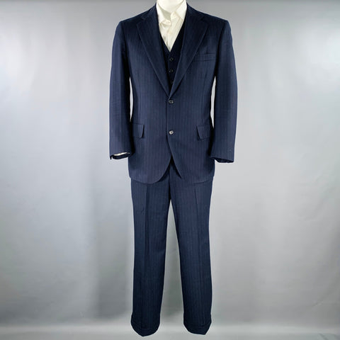 BROOKS BROTHERS Size 42 Navy Grey Pinstripe Wool 3PC Suit