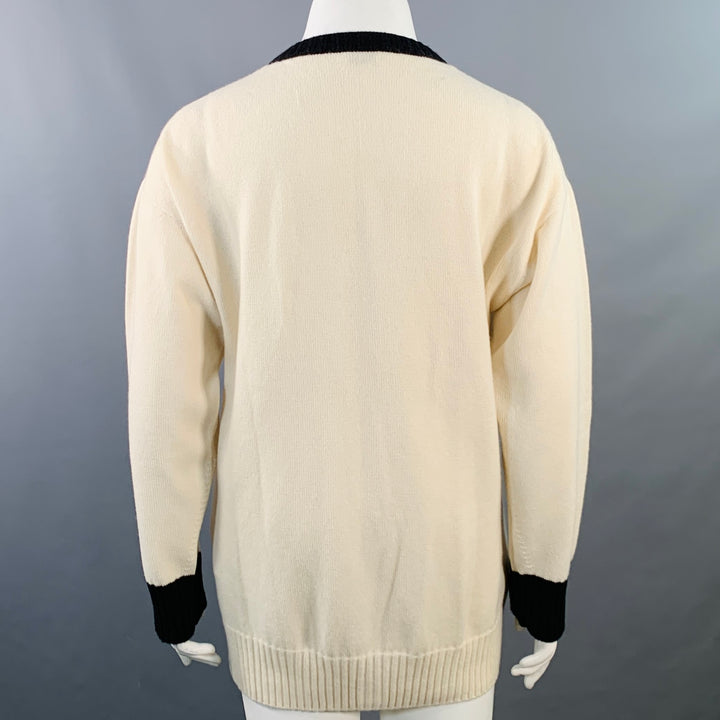 SAINT LAURENT Size L Cream Black Cashmere Contrast Trim Cardigan