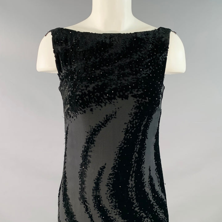 LAFAYETTE 148 Size 2P Black Rayon Silk Beaded Burnout Sleeveless Long Cocktail Dress