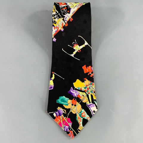 NICOLE MILLER Black Multi Color Ski Figures Silk Tie