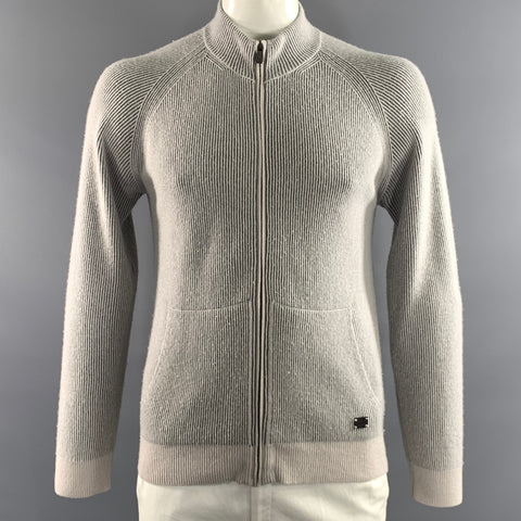 CORNELIANI Size L Grey Ribbed Knit Cashmere Cotton Full Zip Jacket