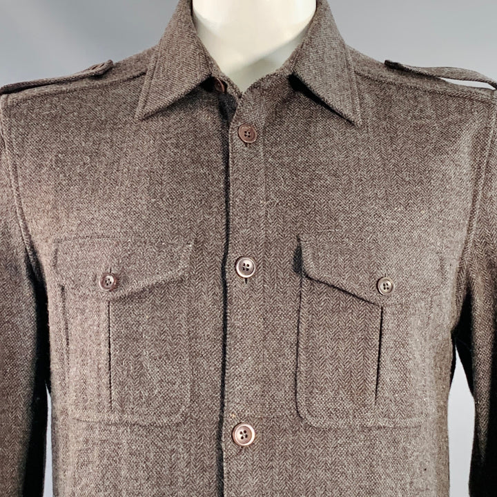 DKNY Size L Brown Grey Herringbone Wool Blend Two Pockets Long Sleeve Shirt