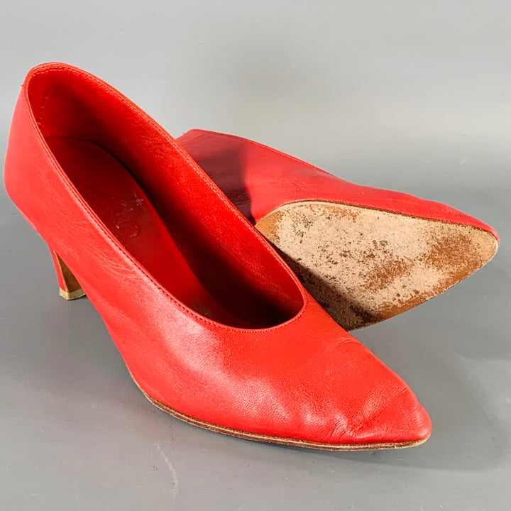MARTINIANO Size 7.5 Red Goat Leather Pointed Toe Pumps