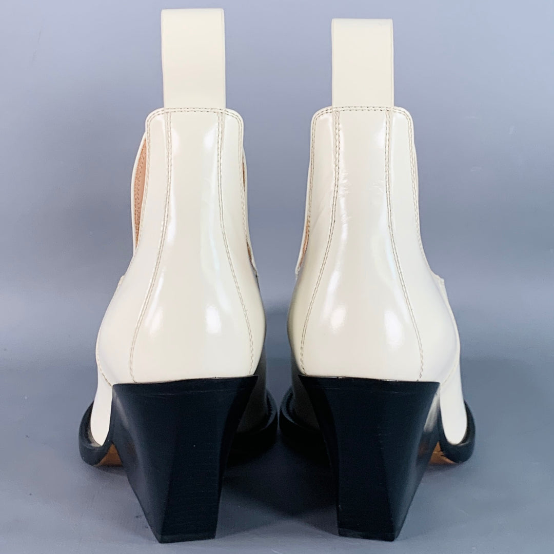 BOTTEGA VENETA Size 9 Ivory Black Leather Slip On Stacked Heel Western Ankle Boots