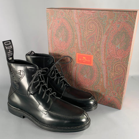 ETRO Size 12 Black Leather Pixel Art Lace-Up Boots
