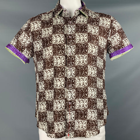 ROBERT GRAHAM Talla L Camisa de manga corta con botones de seda y lino con estampado blanco y marrón