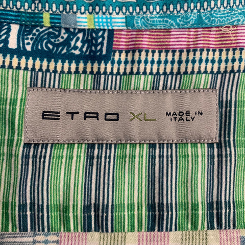 ETRO Size XL Blue Green Patchwork Paisley Cotton One Pocket Short Sleeve Shirt