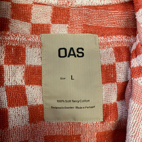 OAS Taille L Orange Blanc Abstrait Éponge Chemise à manches courtes Camp