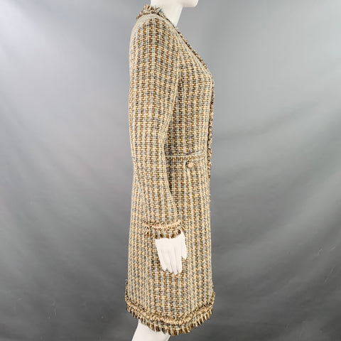 MOSCHINO Size 6 Brown Blue Cream Wool Woven Floral Embellishment Raw Edge Coat