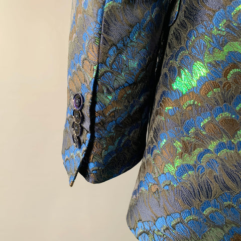 DOLCE & GABBANA Size 44 Black Green Blue Jacquard Polyester Suit