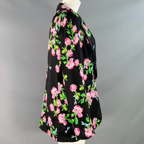 CYNTHIA ROWLEY Size M Black Multi Color Silk Twill Floral Notch Lapel Jacket Blazer