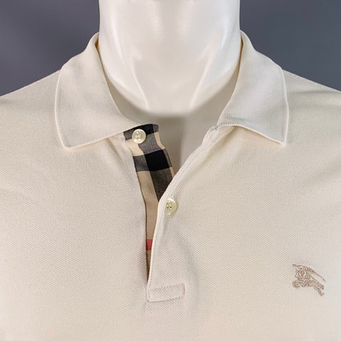 BURBERRY LONDON Size S Cream Cotton Plaid Trim Classic Fit Half Placket Polo
