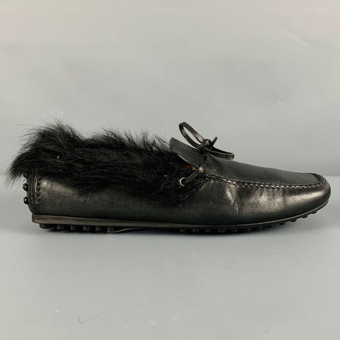 CAR SHOE Size 8 Black Leather Fur Trim Drivers Loafers
