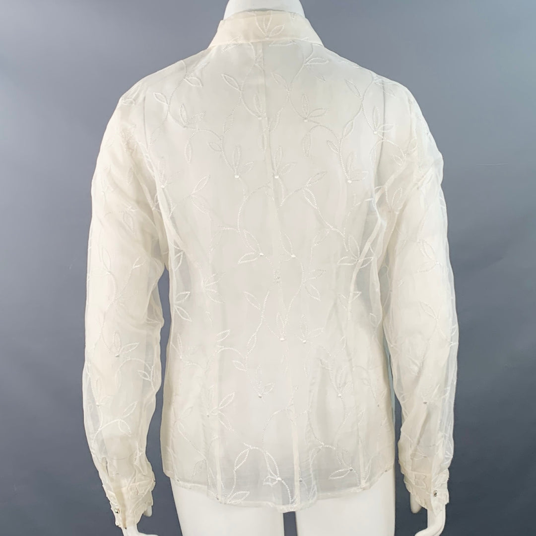 ESCADA Size XL Off White Silk Sheer Embroidered Ruffled Button Up Shirt