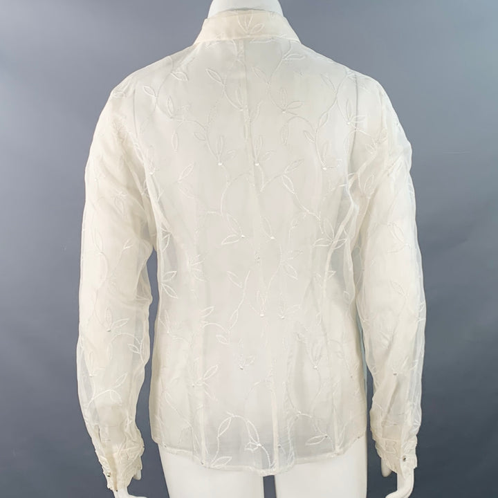ESCADA Size XL Off White Silk Sheer Embroidered Ruffled Button Up Shirt
