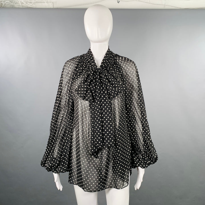 PRABAL GURUNG Size 2 Black White Polyester Polka Dot Bow Blouse