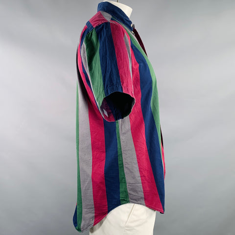 KAMAKURA SHIRTS Size L Multi Color Stripe Cotton One pocket Short Sleeve Shirt