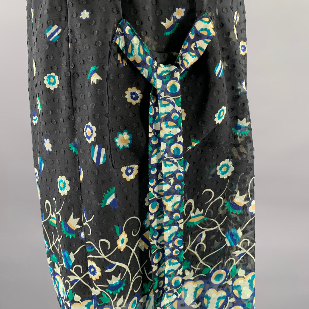 ANNA SUI Size 4 Black Blue Silk Floral Midi Knee-Length Dress