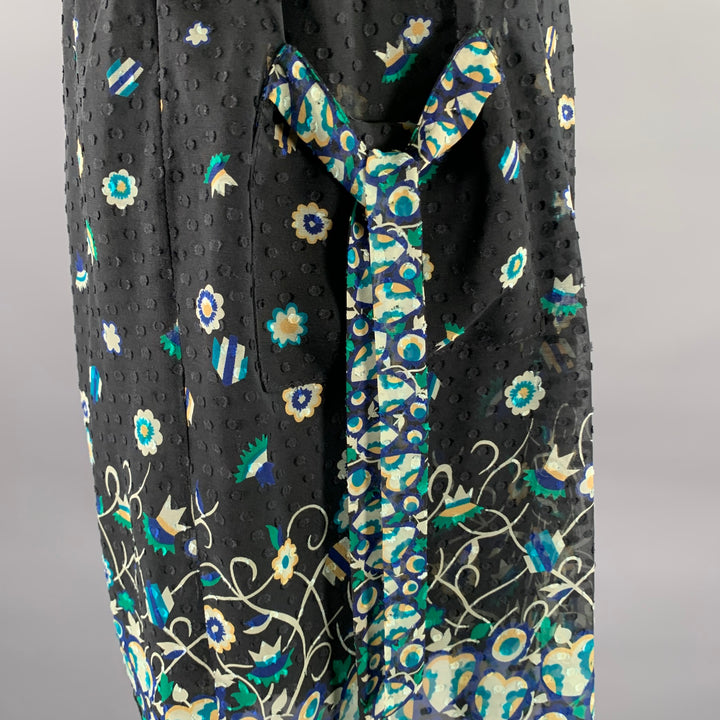 ANNA SUI Size 4 Black Blue Silk Floral Midi Knee-Length Dress