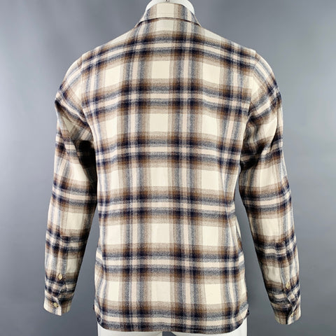 JOHN ELLIOTT Size S Beige Blue Brown Plaid Cotton One Pocket Long Sleeve Shirt