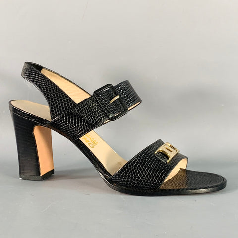 SALVATORE FERRAGAMO Size 9 Black Gold Snake Embossed Chunky Heel Slingback Sandals