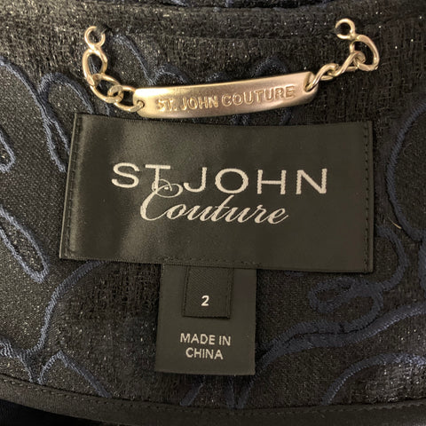 ST. JOHN COUTURE Size 2 Navy Black Silk acetate Floral Jacket
