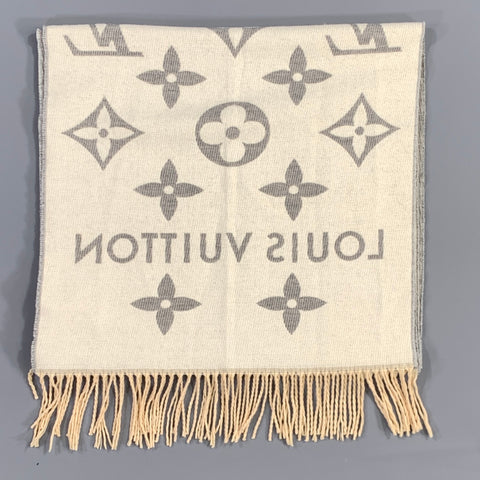LOUIS VUITTON Size One Size Grey Cream Logo Cashmere Scarves