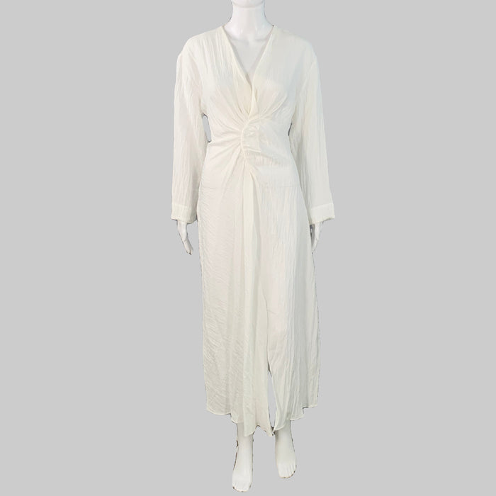 Robe drapée plissée Sandro, taille S, blanc, mélange acétate, manches longues, col V