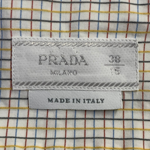 PRADA Size S White Multi Color Checkered Cotton Point Collar Long Sleeve Shirt