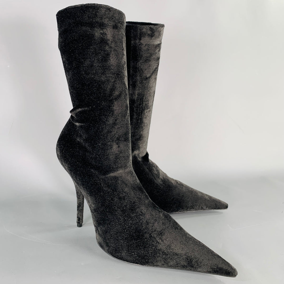 BALENCIAGA Size 7 Knife Black Velvet Pointed Toe Boots