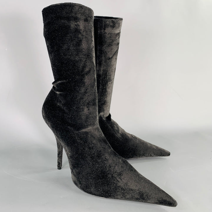 BALENCIAGA Size 7 Knife Black Velvet Pointed Toe Boots