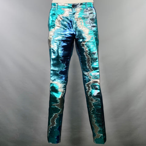 DOLCE & GABBANA Silicia Size 46 Blue Silver Metallic Marbled Polyester Silk 3 Piece Suit