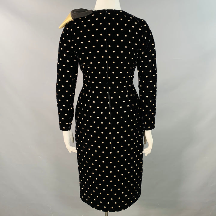 AKRIS Size 14 Black Metallic Gold Velvet Polka Dot Long Sleeve Bow Midi Dress