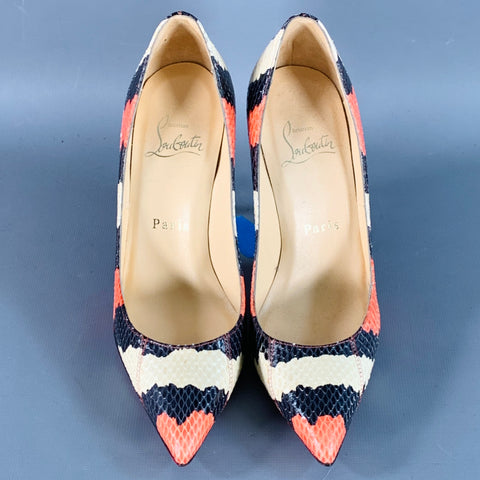 CHRISTIAN LOUBOUTIN Size 5 Orange Black Cream Snakeskin Leather Pointed Toe Stiletto Pumps